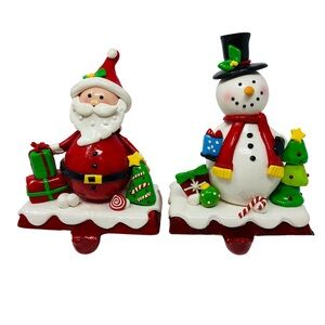 Christmas Shoppe Stocking Holders Santa & Snowman Clay Dough Heavy Cast Metal